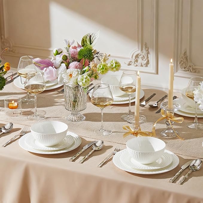 KINGSTONE 12-piece Bone China Dinnerware Set and 20-piece silverware, White Lightweight Porcelain for 4, Plates, Bowls with matching flatware, Microwave and Dishwasher Safe, for Family, Gifting