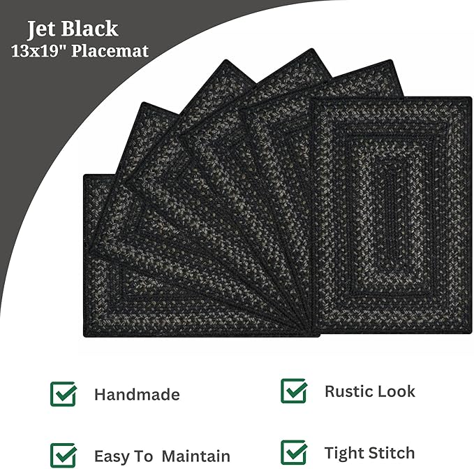 Homespice Jet Black Dining Placemats, Warm Primitive Decor, Set of 6-13x19 Rectangle Table Mats - Vibrant Colors, Durable, Easy to Clean and Protects Furniture