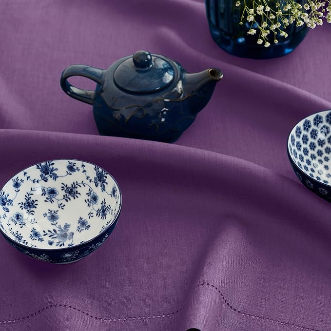 Solino Home Linen Purple Tablecloth 54 x 72 Inch - Classic Hemstitch, 100% Pure Linen Rectangular Tablecloth - Machine Washable Table Cloth for Valentines, Spring, Easter