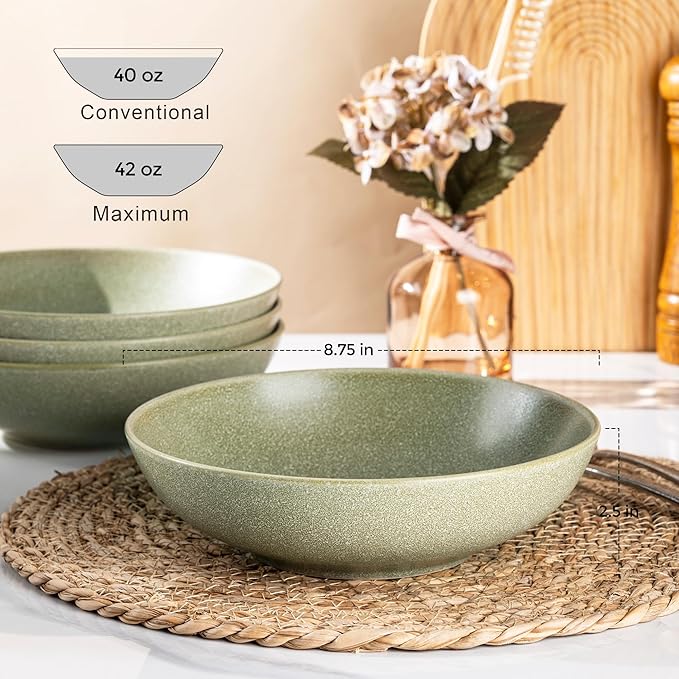 AmorArc 8.75‘’ Large Pasta Bowls, 42 ounce Deep Stoneware Bowls Set of 4 for Kitchen, Wide Bowl for Pasta/Salad/Fruit/Oatmeal/Soup, Microwave&Dishwasher Safe-Matte Olive Green
