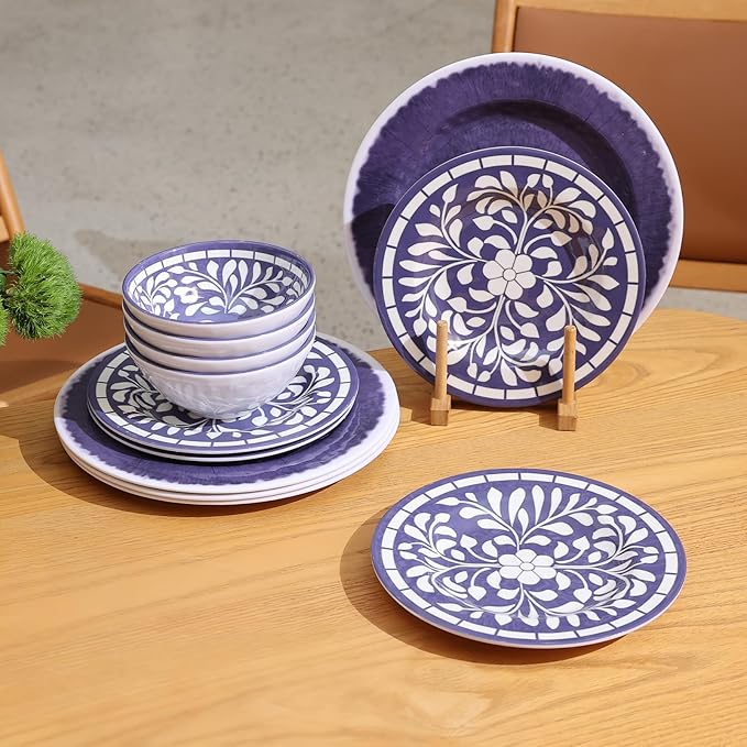 Melamine Dinnerware Set, 12 Pieces Plates and Bowls Set, Unbreakable Dish Set,Lightweight,Camping,Dishwasher Safe,Service for 4, Blue-purple