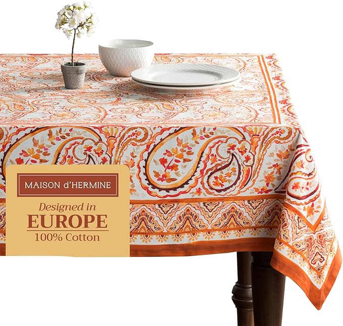 Maison d' Hermine Table Cloth Rectangle Table 100% Cotton 60 x 120 Inches Fall Tablecloth Reusable Everyday Use for Thanksgiving Christmas Decorations Dining Farmhouse Party (Palatial Paisley)