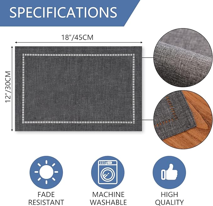 Tosewever Set of 6 Decorative Linen Placemats 12 x 18 Inches, Farmhouse Style Table Mats for Everyday Dining Wedding Party Holiday Home Decor (6 Pieces 12 x 18”, Grey/Straight)