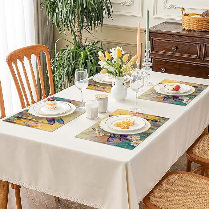 Dragonfly Placemats Set of 6, Dragonfly Flower Table Mats, Floral Washable Place Mats for Coffee Bar Home Party Indoor Kitchen Dining Table Decoration 12x18 Inch