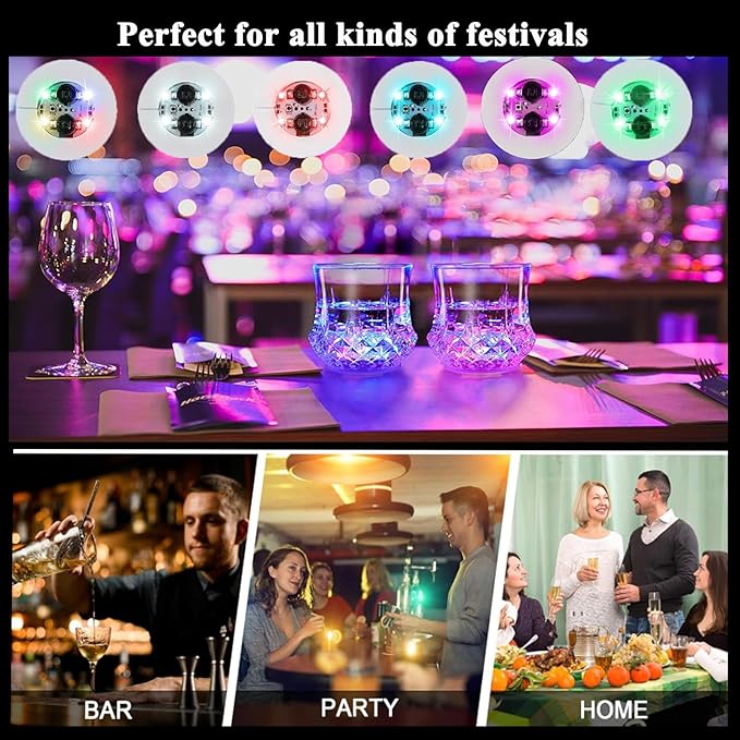 LED Drink Coaster, 60 Pack White, Round, Plastic, 24+ Hour Battery Life, 3 Lighting Modes