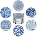 Blue White Geometric Ceramic Coasters with Holder Set of 6, Abstract Dahlia Modern Art Absorbent Drink Cup Mat for Coffee Table Protection, 4'' Minimalist Home Kitchen Decor Housewarming Gifts