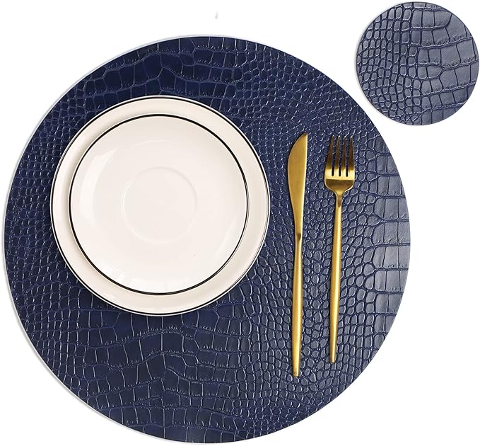 Round Leather Placemats for Round Tables Set of 6, Blue Table Place Mats and Coasters, Washable Easy to Care for Indoor Decor 13" Diameter