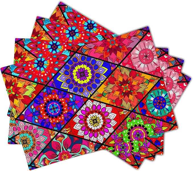 Boho Placemats Set of 4 - Bohemian Flowers Place Mats 12x18 Colorful Floral Table Mats Kitchen Mats for Party Dining Table