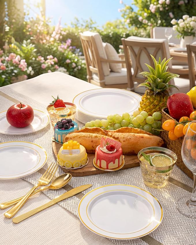 bUCLA 150PCS Gold Plastic Dinnerware Set Disposable - Heavy Duty Gold Plates Include 25 Dinner & 25 Dessert Plates,25 Forks,25 Knives,25 Spoons&25 Cups for Party&Wedding