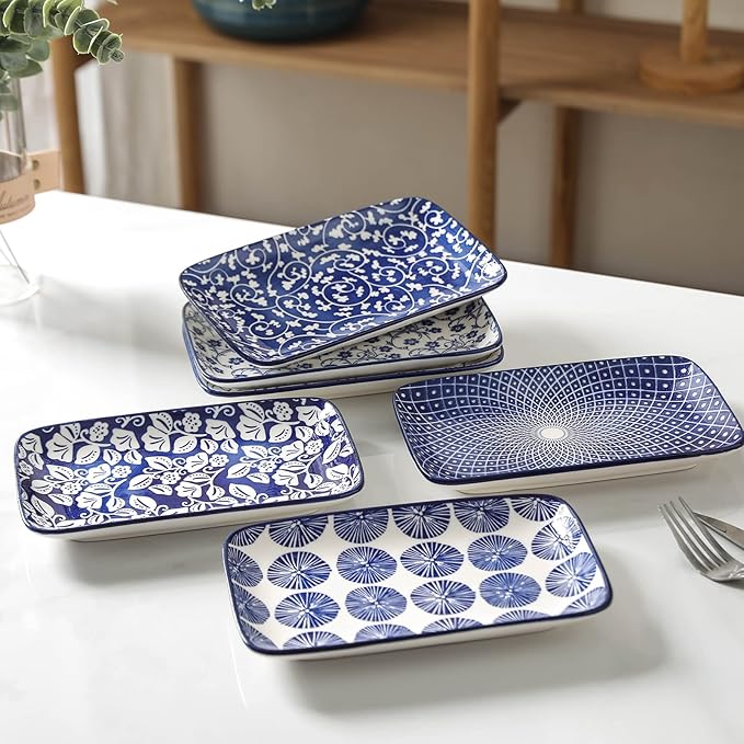 Selamica Ceramic 8 inch Rectangular Salad Plates, Dinner Plates, Pasta Dessert Plates for Appetizer, Sushi, Fruit - Microwave/oven/Dishwasher Safe, Set of 6, Vintage Blue