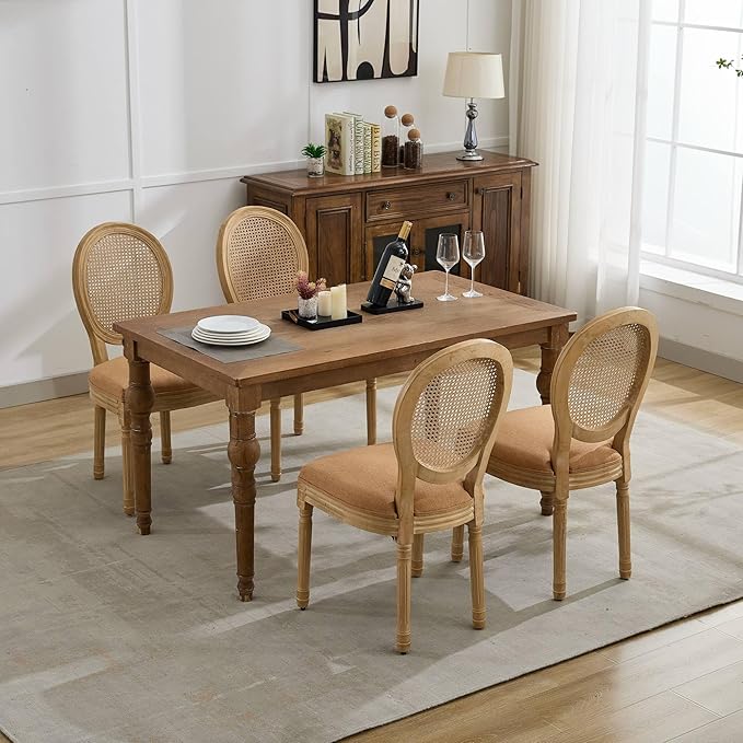 Vintage French Rattan Dining Chairs Set of 2, Round Back Accent Chairs with Rattan Backrest and Upholstered Linen Seat, Solid Wood Frame Sillas de Comedor for Dining Room & Kitchen, Camel