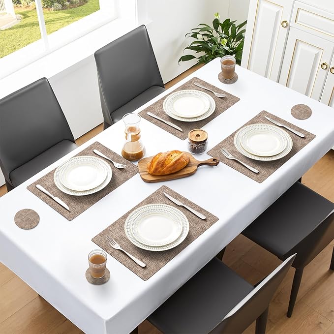MOSAYT Faux Leather Placemats Set of 12, Heat Resistant Vinyl Place Mats with Coasters, Wipeable Washable 100% Waterproof Oil Proof Table Mat for Kitchen Dining Party Indoor Outdoor, 12" x 17", Khaki