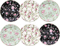Floral Salad Plates, Set of 6 – 8 Inch Ceramic Appetizer Plates with Gold Trim, Vintage Floral Design for Dessert, Tea Party, Dinner, Decorative Serving