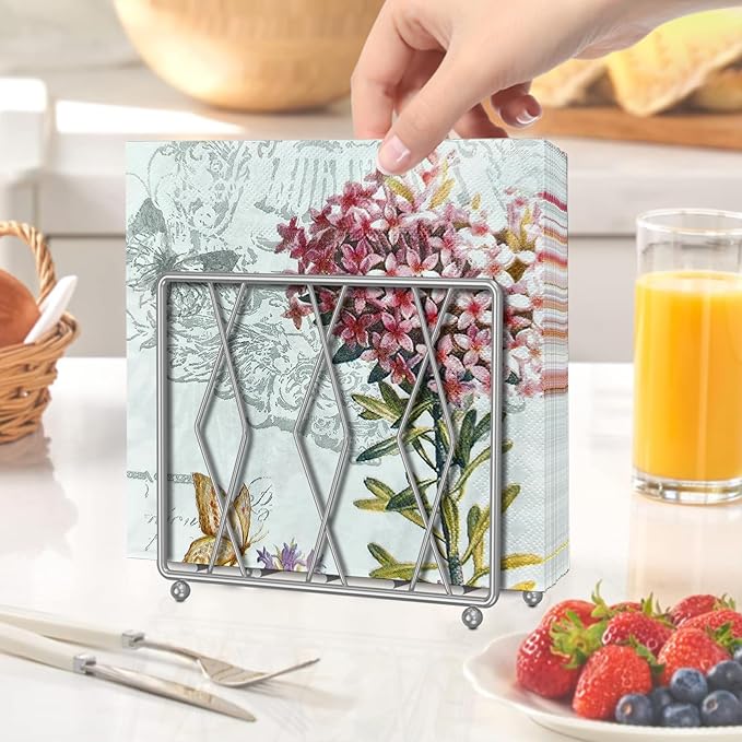 Napkin Holder for Table, Modern Metal Napkin Holders for Paper Napkins & Kitchen Dining & Countertops, Cocktail Upright Napkin Holder Dispenser Suitable for All Room Decors (Small, Silver)