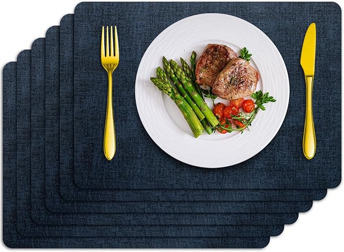 Placemats Set of 6 Washable, Heat Resistant Table Placemats Wipeable Faux Leather Place Mats Non Slip, Waterproof Square Table Mats for Indoor Outdoor, Dark Blue