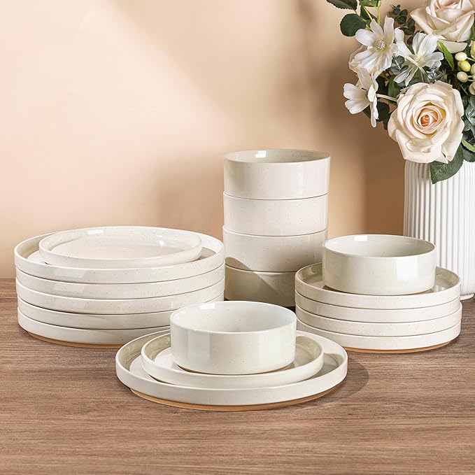 AmorArc Ceramic Dinnerware Set for 8 | Speckled Stoneware Plates and Bowls with Rustic Terracotta Underside| Scratch Resistant,Dishwasher & Microwave Safe Dishes Sets- 24pcs