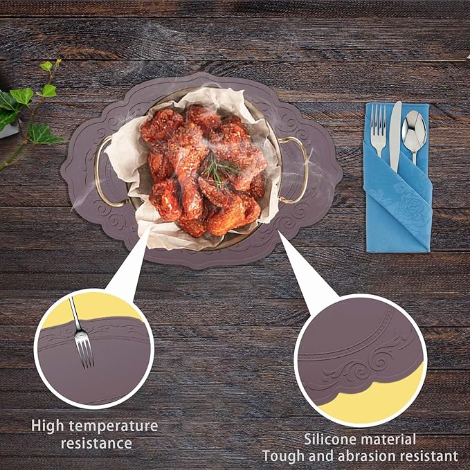 Silicone Placemat Set of 4, Oval Heat Resistant Non-Slip Mats, Waterproof Placemat, Foldable Placemats, Easy to Clean Silicone Table Mat by Siliconty(4, Cameo Brown)