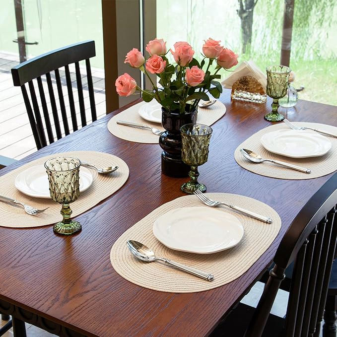 Noctiflorous Oval Braided Placemats Set of 4 Woven 12x18 Inch Non Slip Washable Heat Resistant Place Mats Round Tablemats for Dining Kitchen Party Daily Table Decor Dinner Mats (Beige, 4)
