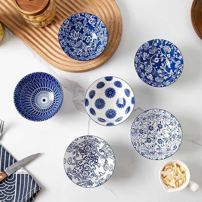 Ceramic Dessert Bowls Set - Small 12 Oz Cereal Bowls - 4.75 Inch Ice Cream Bowls for Fruit, Snack, Side Dishes, Dipping Sauce - Microwave Dishwasher Safe - Set of 6 - Vintage Blue