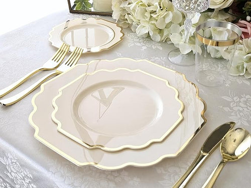 " OCCASIONS " 80 Plates Pack,(40 Guests) Heavyweight Wedding Party Disposable Plastic Plates Set -40 x 10.5'' Dinner + 40 x 8'' Salad/Dessert Plate (Imperial Ivory & Gold)