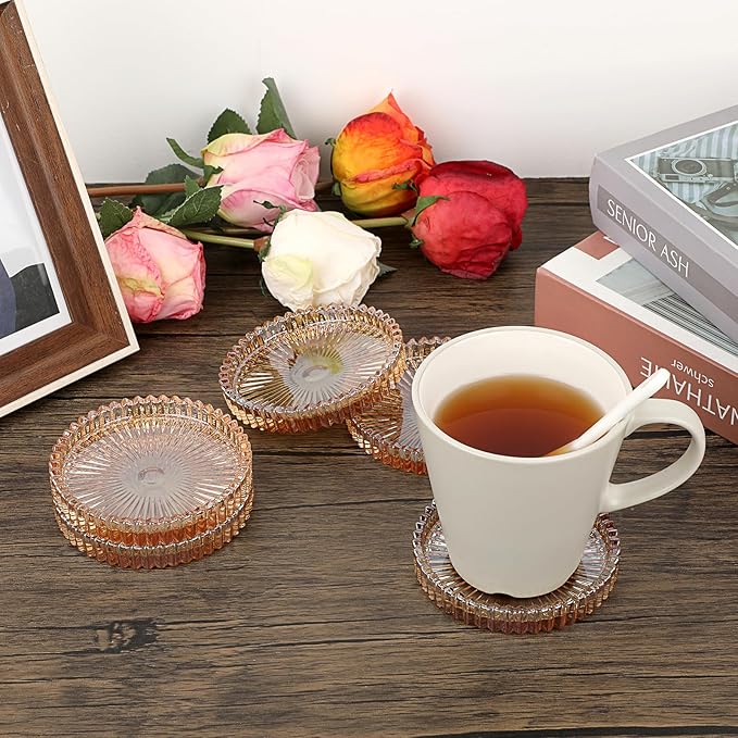 JUXYES 8 Pack Amber Tone Crystal Coasters Round Cup Mat, Glass Coasters for Drinks Coffee Tea Wine, Decorative Wine Bottle Coaster, Crystal Drink Coasters for Restaurant bar Kitchen Dining Table