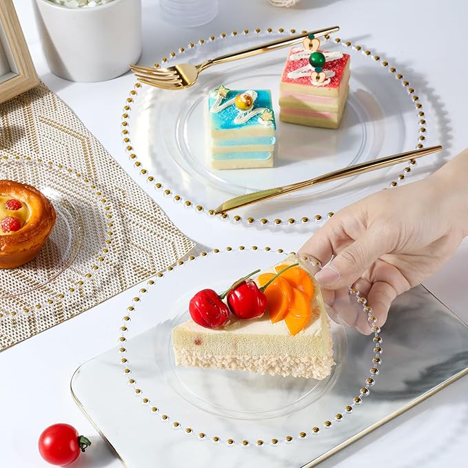 EI 60pcs Clear Plastic Plates with Gold Rim,Disposable Plastic Plates Fancy 10" Dinner & 7" Dessert Plate Heavy Duty for Wedding,Birthday,Afternoon Tea,Spring,Mother's Day,Valentine's Day,Easter