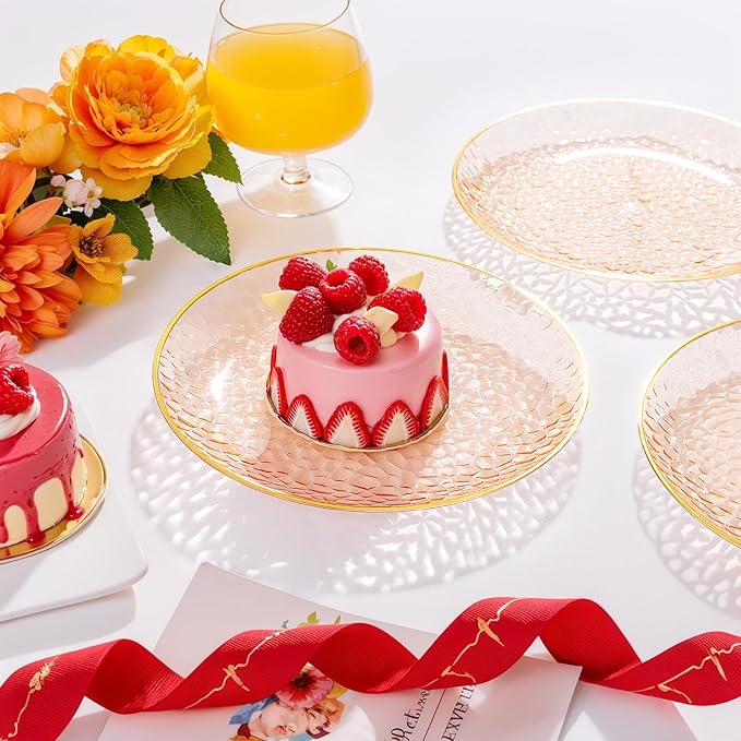 Rubtlamp 60Pcs Orange Plastic Plates, Orange Disposable Plates With Gold Rim, Hammered Plastic Plates Include 30 Dessert Platos, 30 Dinner Platos for Party