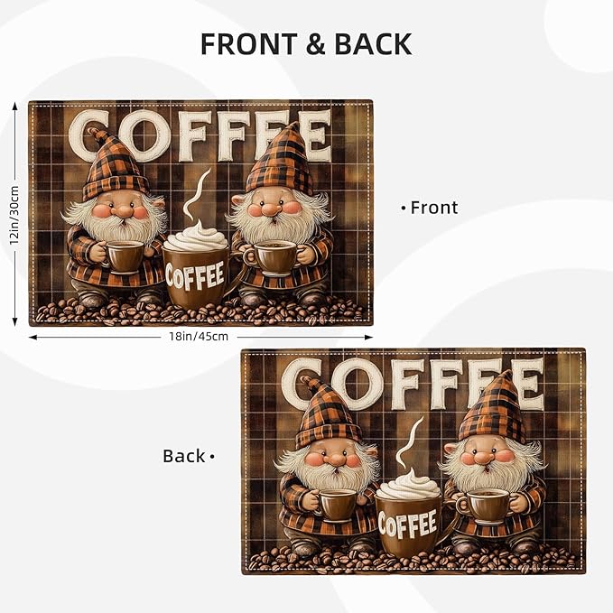 Coffee Gnomes Placemats Set of 4, Cafe Station Table Mats, Washable Place Mats for Coffee Bar Home Party Indoor Kitchen Dining Table Decor 12x18 Inch