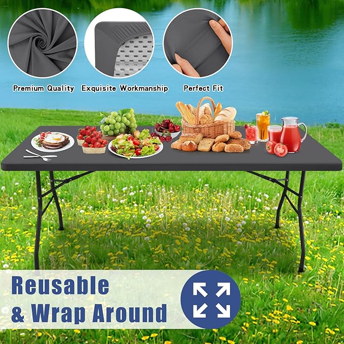 Spandex 8 Foot Rectangle Table Cloth 2 Pack, Elastic Fitted Tablecloths for Picnic, Stretch Washable Patio Table Cover for Outdoor, Camping, Banquet and Parties (Dark Grey, 30"x96")