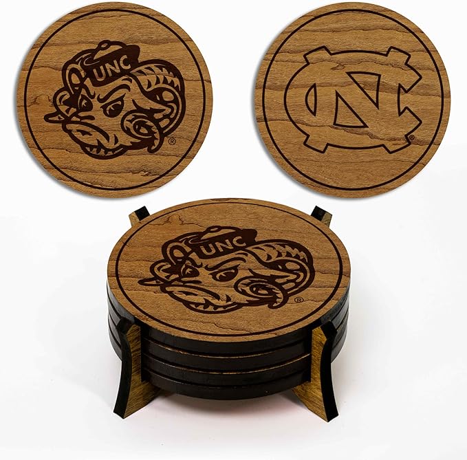 LazerEdge North Carolina Tar Heels Wooden Coaster Set - Cherry Wood - Officially Licensed Product - 4-Pack