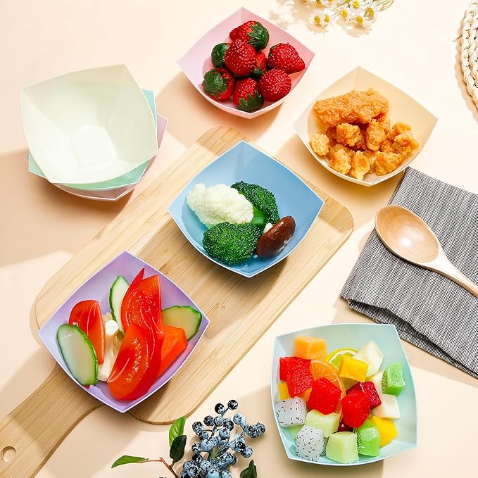 Tanlade 50 Pcs Square Plastic Serving Bowls Disposable Snack Salad Bowl Small Party Candy Bar Containers Taco Bar Serving Dishes for Buffet Chips Fruit(8 oz,Macaron Colors)
