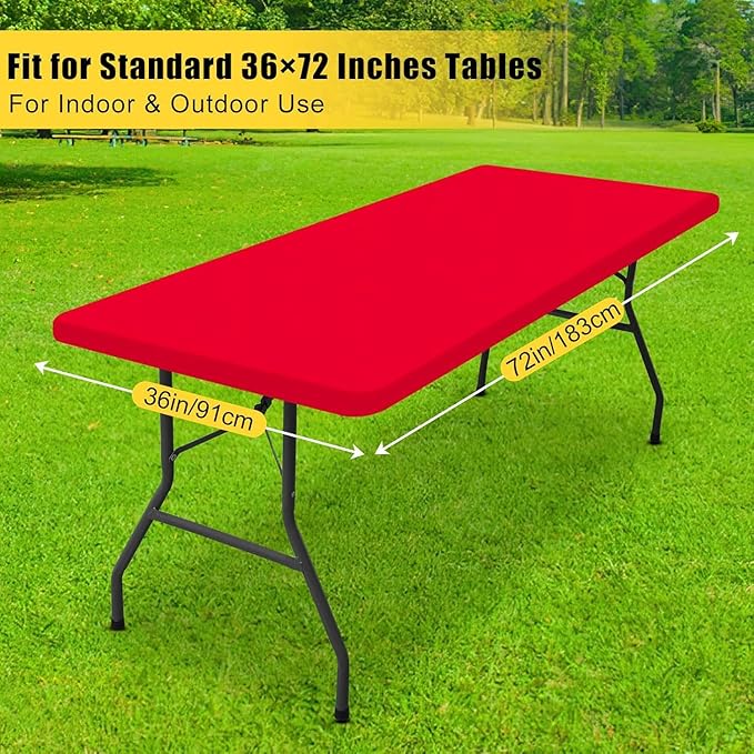 Smiry Rectangle Tablecloth, Elastic Fitted Flannel Backed Vinyl Tablecloths for 6ft Folding Tables, Waterproof Wipeable Table Covers for Indoor, Outdoor, Picnic and Camping (Red, 36"x72")
