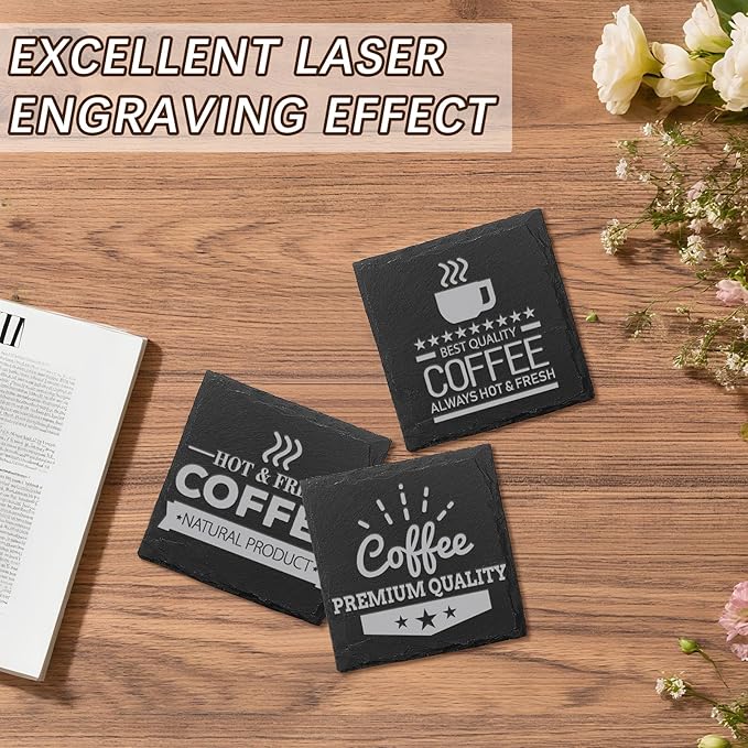 12 PCS Slate Coasters Black Square 4 Inch Bulk Rock, Blank Laser Engraving, Scratch Resistant Bottom, Home Office Kitchen Gift Wedding Bar Party Square Coasters