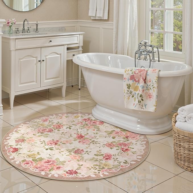 Lahome Floral Round Entryway Rug 4ft,Small Washable Circle Rug for Girls Bedroom Bathroom,Vintage Carpet for Kids Room, Office, College Dorm