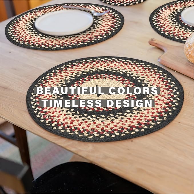 Homespice Primitive Star Gloucester Jute Woven Round Placemats Set of 6, 15", Warm Primitive Decor, Black and Red Table Mats - Vibrant Colors, Durable, Easy to Clean and Protects Furniture