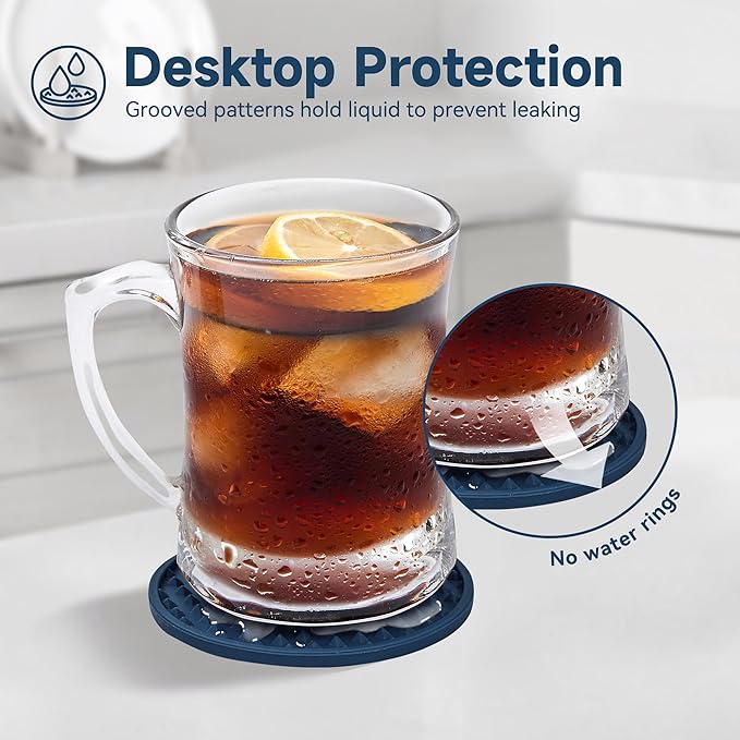 Coasters for Drinks, Silicone Coasters Set of 16 with Metal Holder, Outdoor Coaster for Coffee Table, Non-Slip Rubber Table Cup Mat Desk, Heat Resistant & Scratch-Proof (Navy Blue)