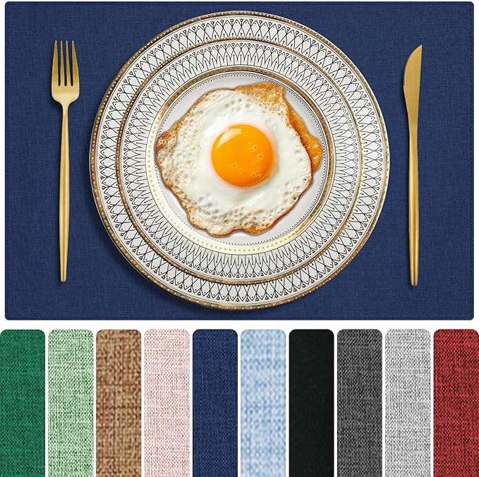 Cloth Placemats Set of 6, Cotton Linen Blend Machine Washable Double Layered Durable Place Mats Heat Resistant Placemats Wrinkle Free Thick Fabric Dining Table Mats (Navy Blue, 6)