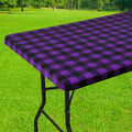 Smiry Rectangle Picnic Table Cloth, Elastic Waterproof Fitted Vinyl Tablecloths, Flannel Backed Buffalo Plaid Table Covers for Dining, Camping, Outdoor (Black and Purple, 30" x 96")