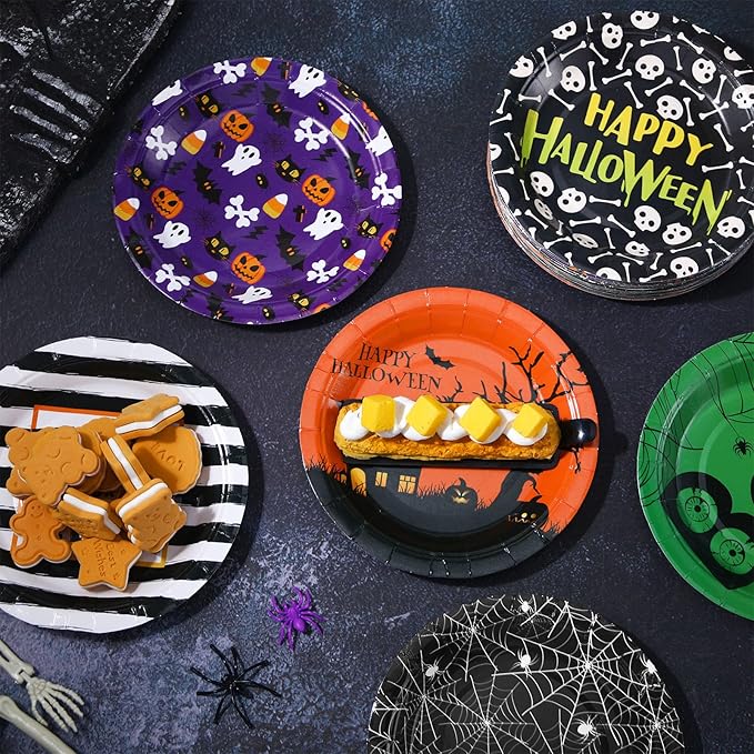 Umigy 120 Pcs Halloween Paper Plates 7 Inch Spider Web Party Plates, Pumpkin Spooky Disposable Tableware Supplies for Appetizer, Lunch, Dinner, Dessert