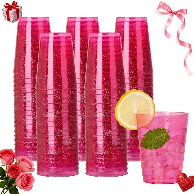 DaYammi 100 Pack Pink Plastic Cups 10Oz Clear Pink Disposable Party Cups for Martini and Cocktail,Fancy Disposable Cup for Wedding,Pink Party Cups Perfect for Valentine's Day Mother's Day Party