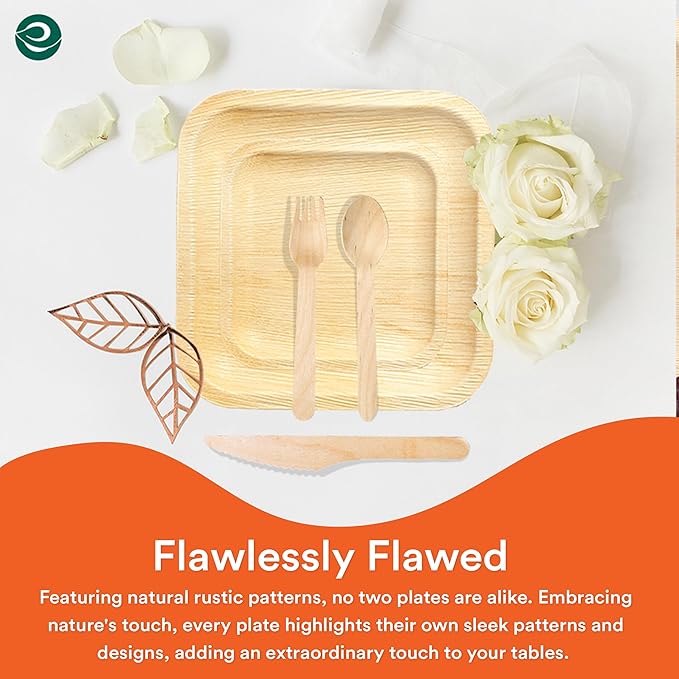 ECO SOUL 100% Compostable Palm Leaf Dinnerware Set For 75 Guests [10", 6" Square plates 75 Count each | Fork, Knife, Spoon, 100 Count each] | Biodegradable Disposable Utensils for Wedding, Parties