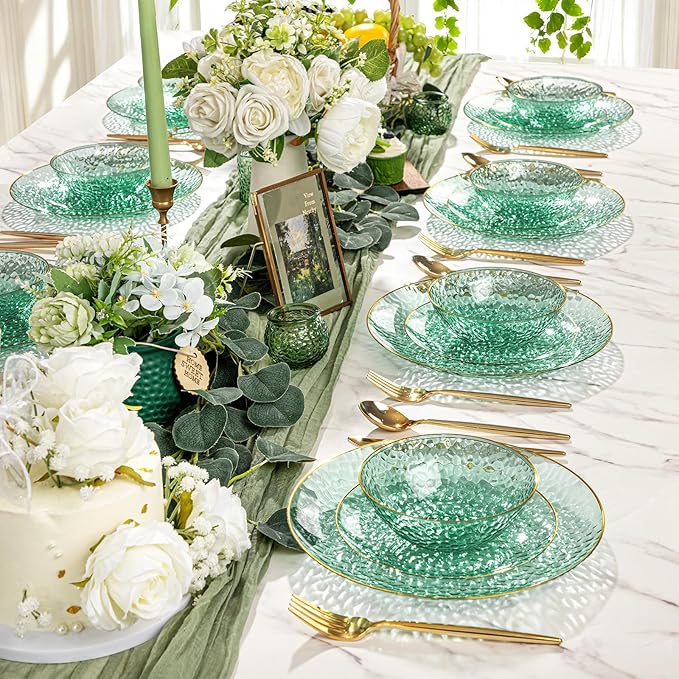 Rubtlamp 30 Pack Clear Green Disposable Bowls, Clear Plastic Bowls with Gold Rim, 12-16oz Premium Heavy Duty Plastic Dinner Bowls for Party&Holiday