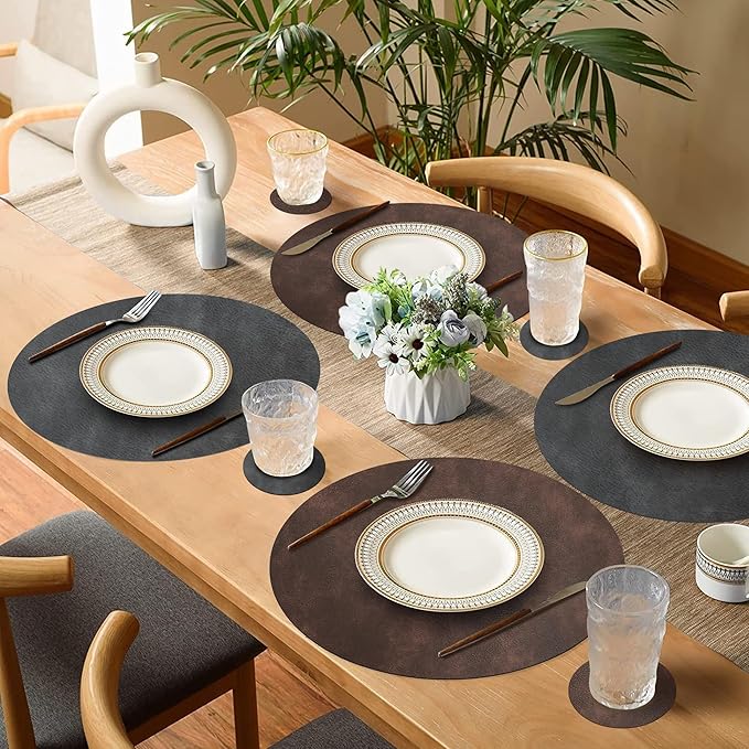 Round Placemats and Coasters Set of 8, Washable Reversible Faux Leather Placemats Cowhide Pattern Place Mats Wipeable Non-Slip 15 inch Round Kitchen Dining Table Mats (Gray Dark Coffee, 8)