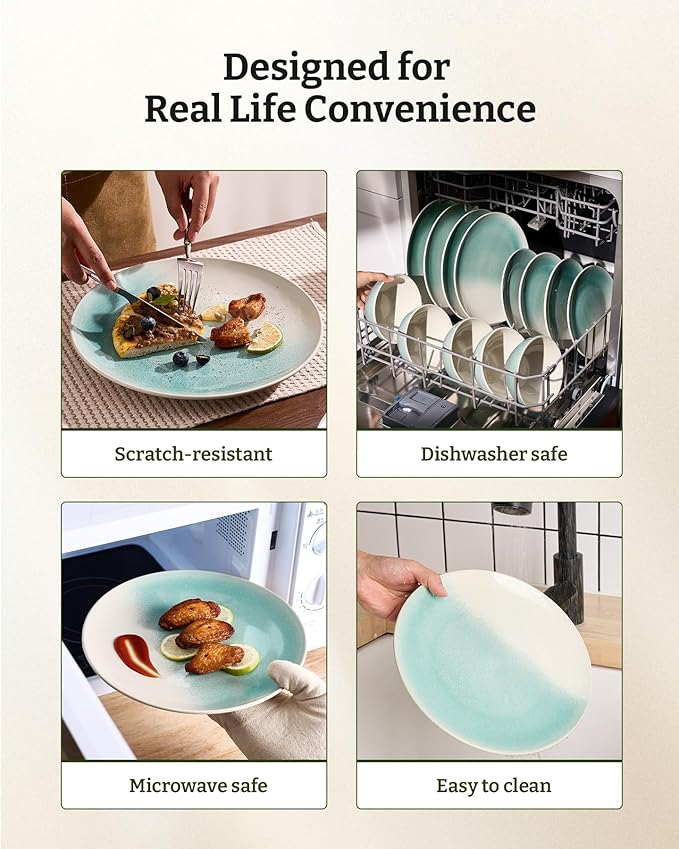 Famiware Glacier Stoneware Dinnerware Sets, Plates and Bowls Sets, 12 Pieces Kitchen Dishes Set for 4 - Dishwasher and Microwave Safe, Chip and Scratch Resistant, Aqua