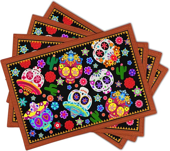 Mexican Placemats Set of 4 - Colorful Floral Skull Table Place Mats 12x18 for Indoor Outdoor Kitchen Dining Table