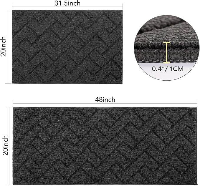 hicorfe Kitchen Rugs and Mats Sets,2 Pieces Super Absorbent Polypropylene Non-Slip Rug,Soft Comfort Floor Mat,Machine Wash for Kitchen,Hallway,Office,Sink,Laundry(20" x 32"+20" x 48",Charcoal)