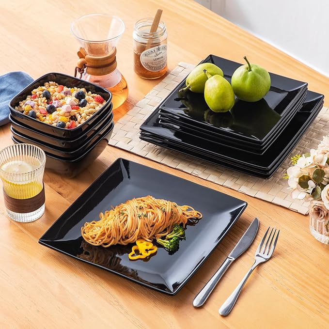vancasso Soho Dinnerware Sets 12 Pieces, Black Stoneware Square Place Setting, Plates and Bowls Sets, Dinner Plate, Dishes Set for 4
