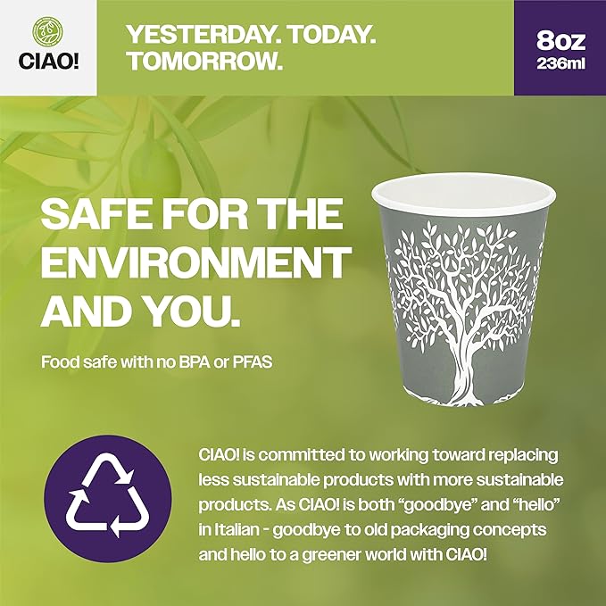 CIAO! 8oz Paper Hot Cup, Rooted Olive Print, (Case of 1,000)