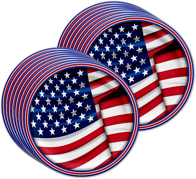 Fourth of July Paper Plates - 4th of July Disposable Plate Sets - American Flag Patriotic Party Supplies Set Plates Napkins Cups Tableware Kit for 16