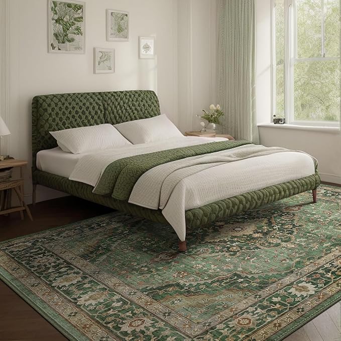 Deerly Green Rug 8x10 Area Rug for Living Room Bedroom Washable Rugs Large Boho 8x10 Rug for Dining Room Carpet Non-Slip Distressed Carpet Rugs Print Floor(Border Green)